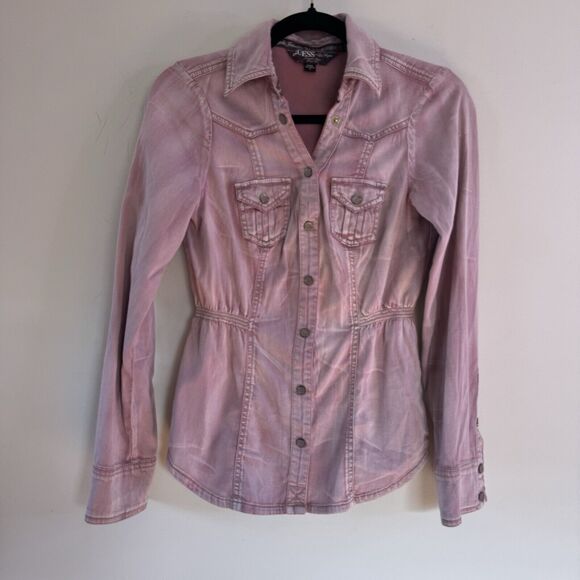 GUESS Pink Distressed Jacket Snap Front Shirt Jacket Cinched Grunge Fairy Y2K s - Picture 1 of 9
